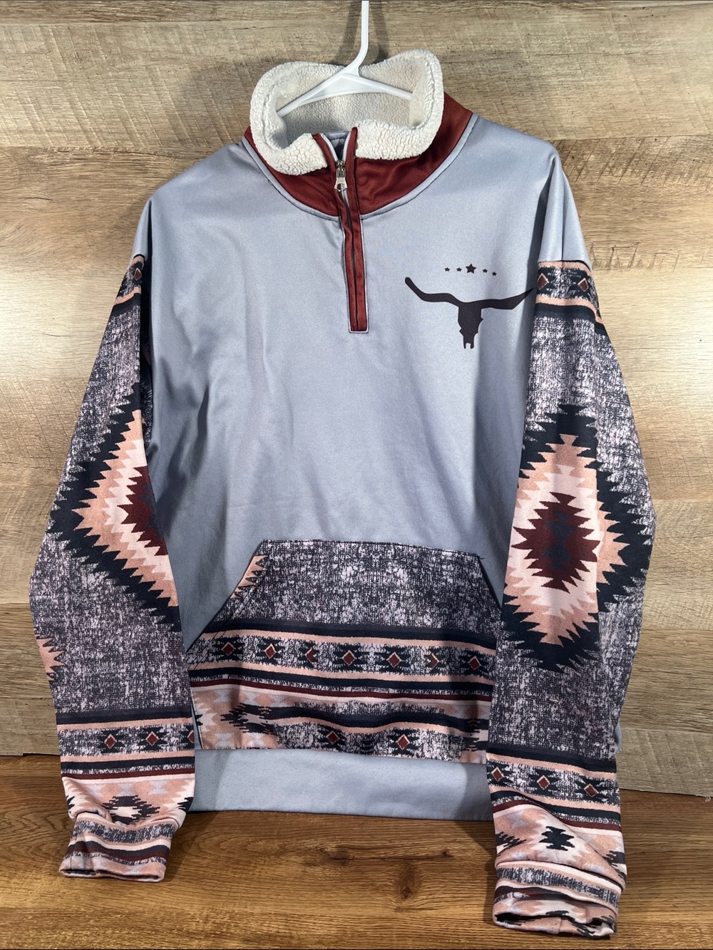 Men's Light Gray Quarter-Zip Pullover Sweater with‎ Aztec Sleeves